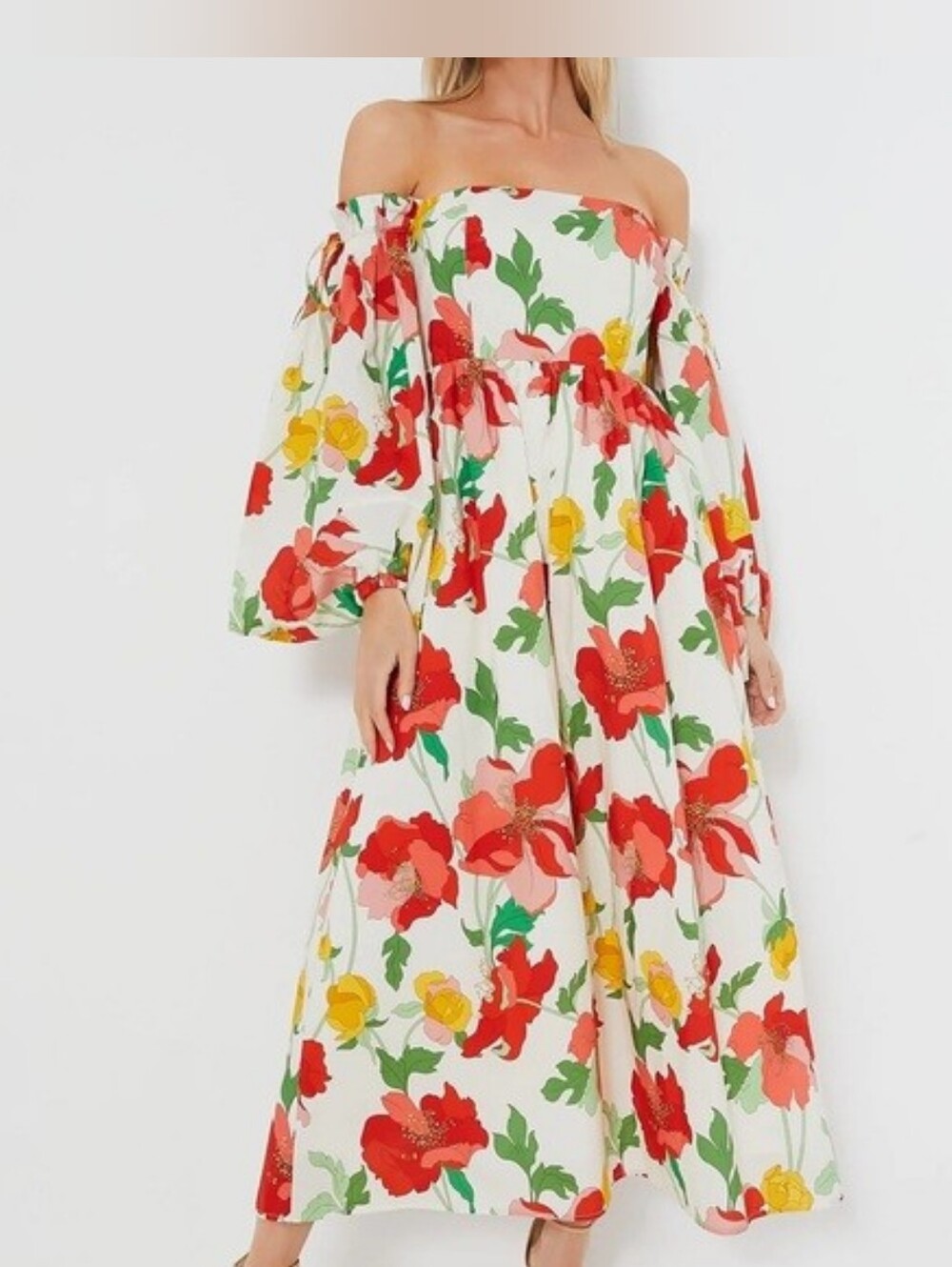 Tuckernuck Hyacinth House Marigold Floral Off-Shoulder Long Sleeve Maxi Dress